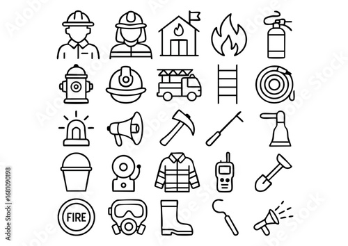 Firefighter & Emergency Response Icon Set, Fire Safety and Rescue Vector Collection, Firefighting Tools & Equipment Symbols
