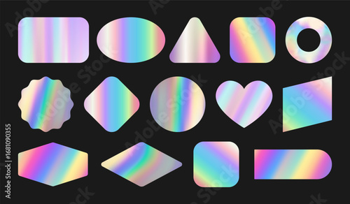 Set of realistic neon empty mockup, sticker, label, tag with holographic effect in y2k style. Isolated shiny rainbow emblem New, Best offer, deal, Sale, Discount Vector illustration EPS10