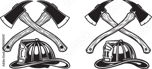 Vector art of two firefighter helmets with crossed axes