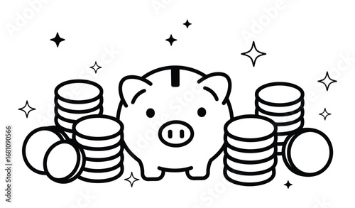 Vector icon depicting a piggy bank standing on stacks of gold coins representing savings and financial growth
