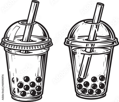 Vector art of two handdrawn black and white illustrations of bubble tea cups with straws and tapioca pearls