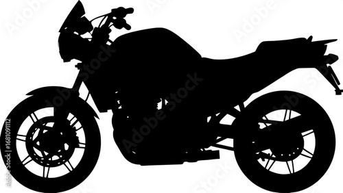 A clean black silhouette of a sport motorcycle in profile view, flat graphic style, centered with no background.
