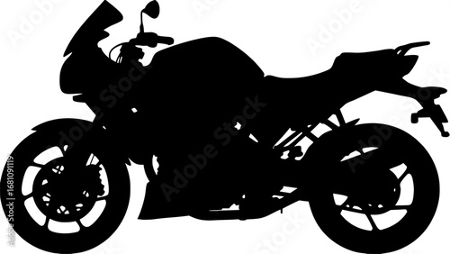 A clean black silhouette of a sport motorcycle in profile view, flat graphic style, centered with no background.