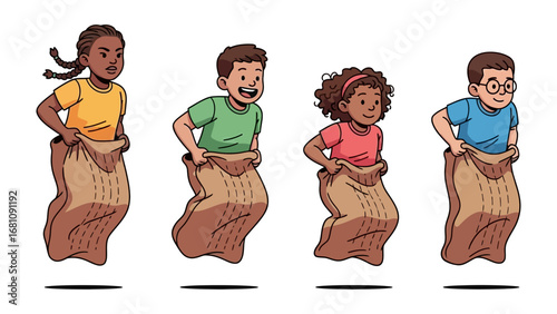 Sack Race Fun: Diverse children compete in a lively sack race, exemplifying youthful exuberance and pure, unadulterated joy on the track, symbolizing friendship and play.