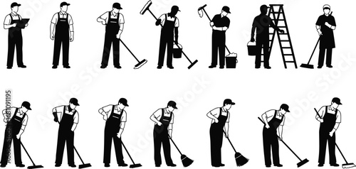 Silhouettes of Cleaning Workers Performing Various Cleaning Tasks Using Mops, Brooms, Buckets, and Ladders in Different Positions