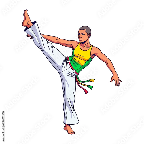 Artful Capoeira: A dynamic illustration captures a capoeira practitioner executing a fluid, high kick with elegance and strength, embodying the artistry of this Brazilian martial art.