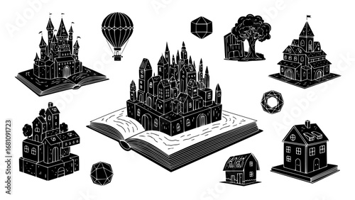 Fantasy castles and houses emerging from an open book