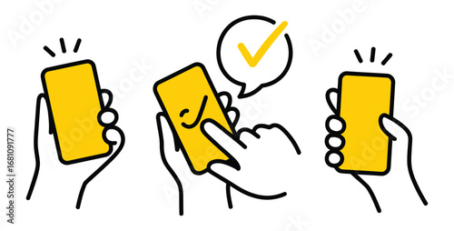 Hands holding smartphones with checkmark icons convey successful mobile payment and app approval with seamless user experience in a modern digital world showcasing vibrant yellow device