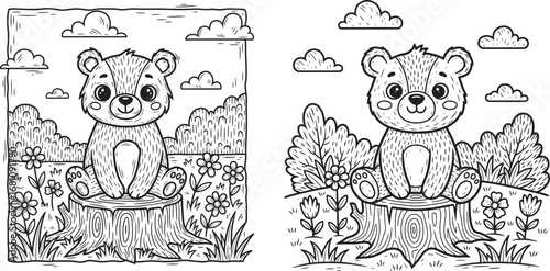 Vector art of cute cartoon bear sitting on a tree stump in a forest, black and white line art for coloring
