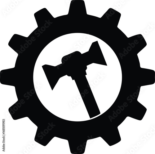 Industrial gear with central hammer silhouette for mechanical themes