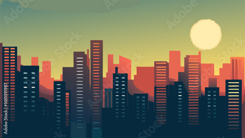 city skyline at sunset with tall buildings and yellow moon