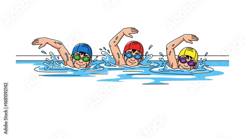 Aquatic Athleticism: Three dynamic swimmers, each with a determined gaze and a colorful swim cap, slice through the shimmering water of a swimming pool, creating splashes.