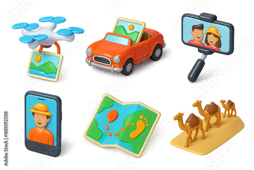 3D travel and desert tourism icons set with camel and selfie camera PNG