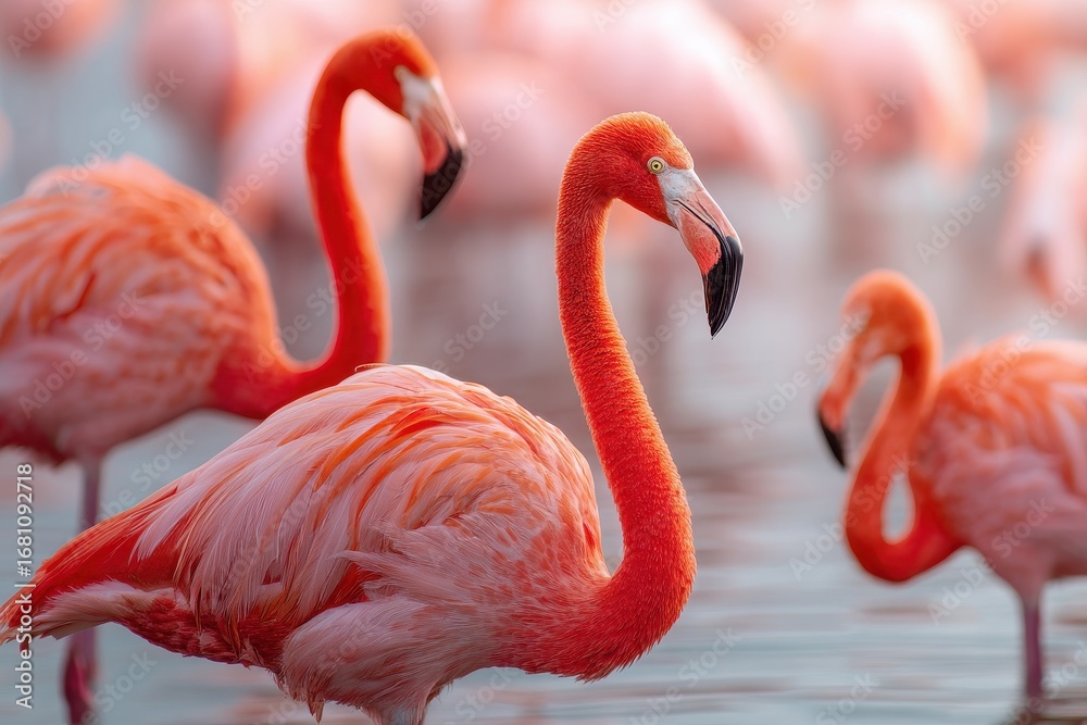 Obraz premium Flamingos cluster in the water