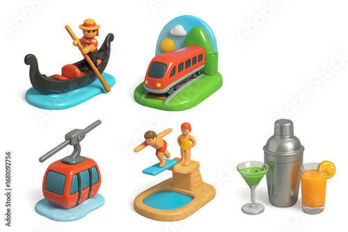 3D adventure and tourism icons set with boat, cable car and cocktail PNG