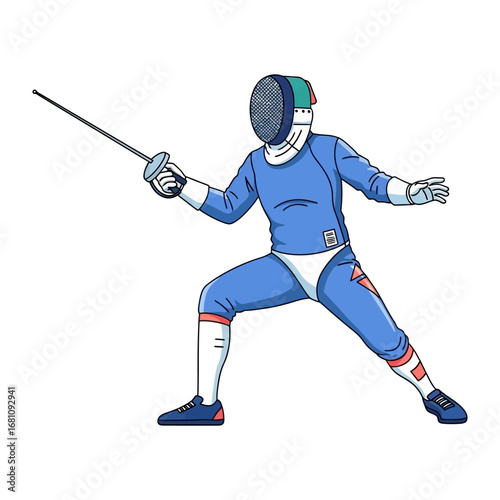 Fencer in Action: A dynamic illustration of a fencer in full competitive attire, poised and ready with an elegant saber, embodies the discipline, focus, and grace of fencing.