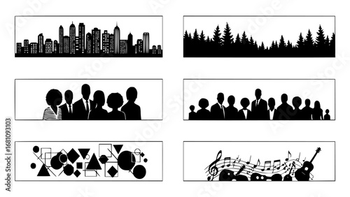 Assortment of black and white illustrations featuring cityscapes, people, and abstract designs