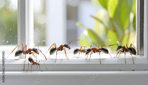 A line of ants on a window sill