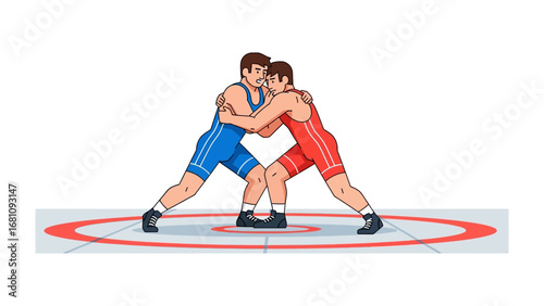 Wrestlers in Action: Intense moment of athletic competition, two male wrestlers grapple on the mat, highlighting the power, and skill, captured in a dynamic illustration