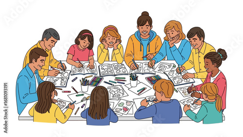 Creative Gathering: A diverse group of individuals comes together around a table, immersed in a vibrant display of creativity and artistic expression through painting and illustration.