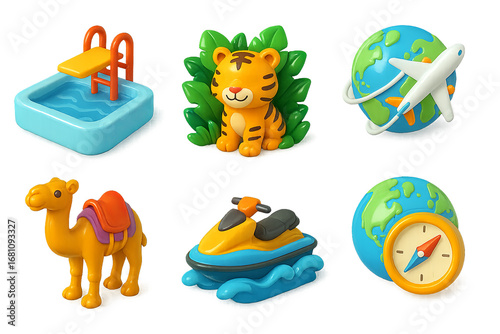 3D travel and desert tourism icons set with camel and safari PNG