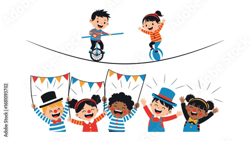 Kids at Circus: Cheerful illustration of children at circus with unicycle show and others holding colorful flag.