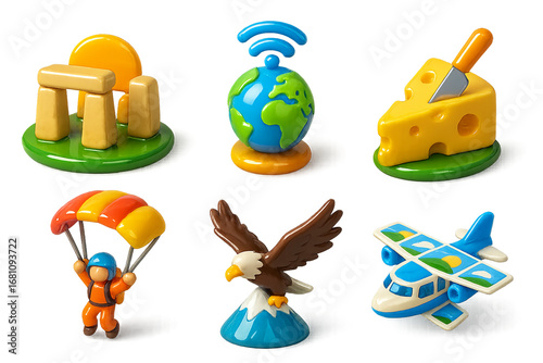 3D travel and adventure icons set with eagle, wifi globe and temple PNG