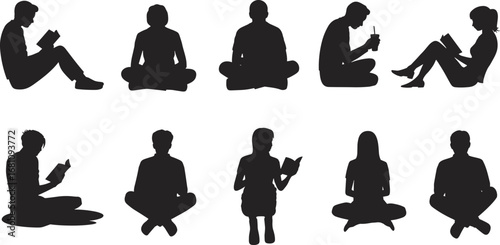 Silhouettes of diverse people sitting, reading books, drinking beverages, relaxing poses, black shadow figures isolated on white background