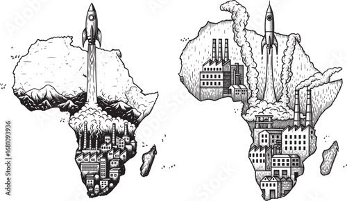 Vector art of africa continent with rocket launch and cityscape, symbolizing progress and development