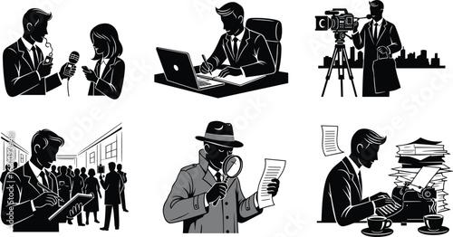 Journalists conducting interviews, writing reports, filming news, investigating with magnifying glass, reporting in the field, newsroom work, investigative journalism