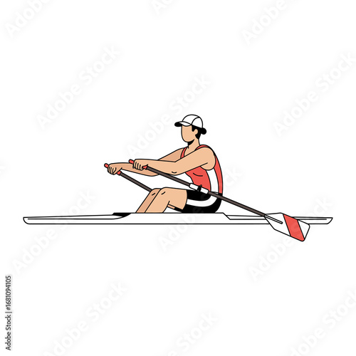 Single Sculler's Precision: A lone oarsman embodies focus and determination as he rows a single scull across the serene waters, his every movement reflecting skill and dedication. 