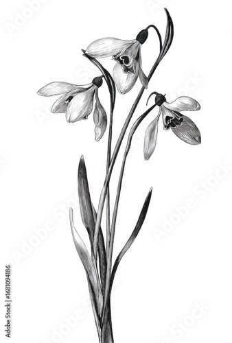 Elegant monochrome drawing of three snowdrop flowers