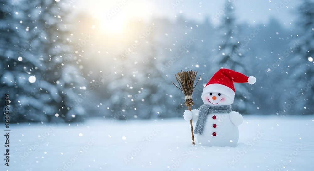 Fototapeta premium Feliz Navidad y Julito Tarjeta de felicitación de Año Nuevo con Copy-Space. Hombre de nieve Happy en paisaje navideño.