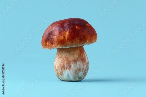 Edible boletus mushroom on a plain colored backdrop