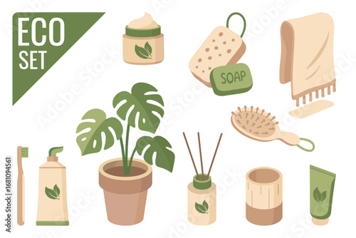 Eco bathroom accessories set in flat style. Vectors isolated on white background. Includes bamboo toothbrush, natural soap with washcloth, cream jar, towel, aroma diffuser, monstera plant  and so on.