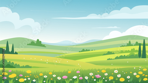 a serene landscape with rolling hills vibrant flowers and fluffy clouds