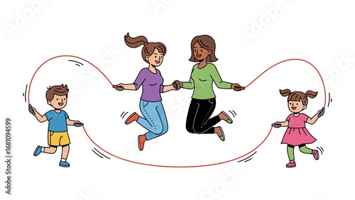 Joyful jump roping illustration: An illustration captures the fun of jump roping with children and adults. Everyone jumps roping together, showing teamwork.