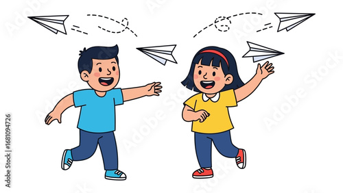 Playful Pursuit of Dreams: A young boy and girl joyfully launch paper airplanes, representing boundless imagination and carefree youth in a vivid illustration.