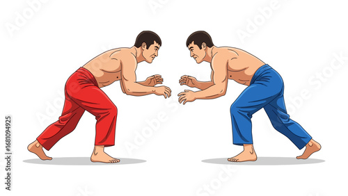 Wrestling match: Two determined athletes face off in a vibrant display of strength and focus, perfectly capturing the essence of combat and the pursuit of excellence.