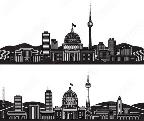Vector art of cityscape skyline silhouette with prominent dome building and tower