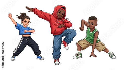Dynamic Street Dance: A vibrant illustration showcasing a diverse group of energetic children immersed in the exhilarating world of street dance, embodying youthful joy and creative expression.