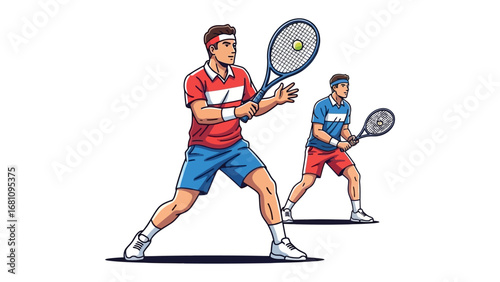 Tennis Players in Action: Dynamic illustration of two tennis players engaged in a competitive match, showcasing agility, skill, and the thrill of the game.