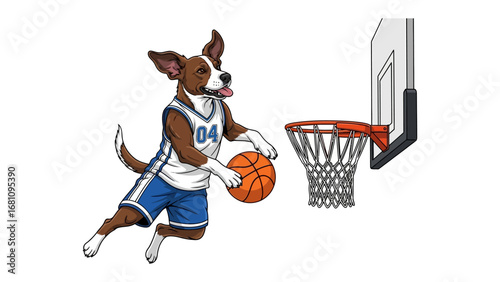 Dunking Dog: An engaging illustration showcases a basketball-playing canine in mid-air, about to score, embodying the essence of sports and friendly competition.