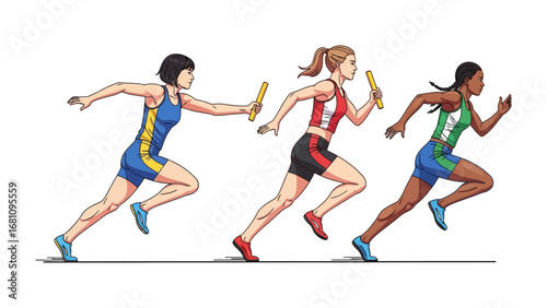 Relay Race: A dynamic illustration captures the essence of teamwork as three athletes compete in a relay race, passing the baton, symbolizing collaboration, speed.