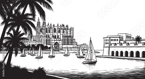 Vector art of sailboats on the water in front of a large gothic cathedral and historic buildings, with palm trees in the foreground