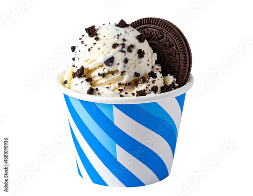  Cookies and cream ice cream in striped paper cup isolated on transparent background