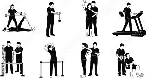 Physical therapy and rehabilitation exercises, patient and therapist working together, stretching, strength training, treadmill walking, injury recovery, health and wellness care