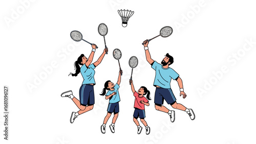 Family Badminton Fun: A joyful family plays badminton together. They are focused and happy. Capturing the joy of family bonding.