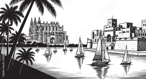 Vector art of sailboats on the water in front of a large gothic cathedral and historic buildings, with palm trees in the foreground