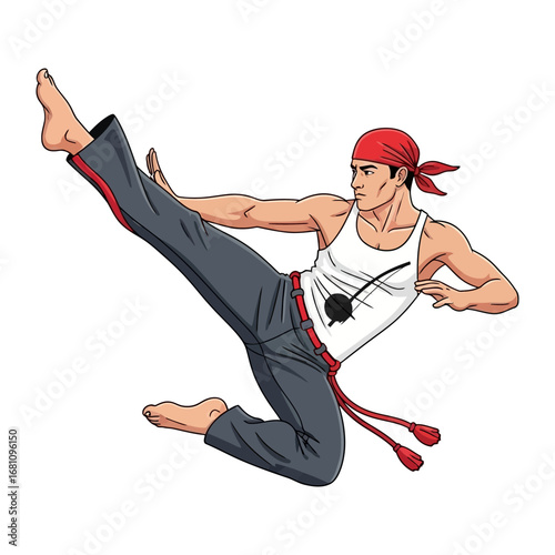 Capoeira Fighter in Action: A dynamic illustration captures a capoeira practitioner executing a high kick with precision and power. The martial artist's movements are fluid, energetic.
